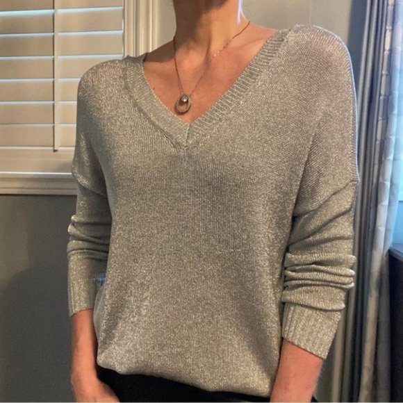 Topshop Sweater Draped Fit Double V Neck Silver Metallic Pullover Small NWT - Picture 5 of 10